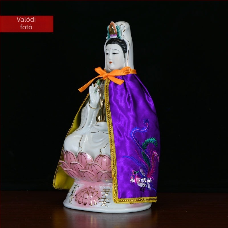 Guanyin és Bodhisattva hímzett kendő, motívumok: kettős sárkány, fénix és lótusz