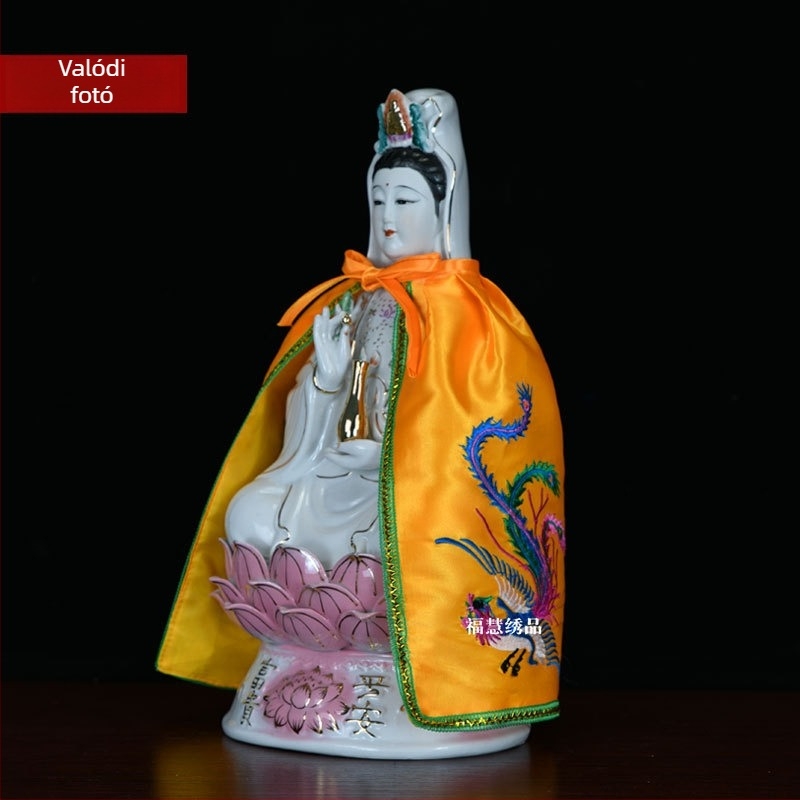 Guanyin és Bodhisattva hímzett kendő, motívumok: kettős sárkány, fénix és lótusz