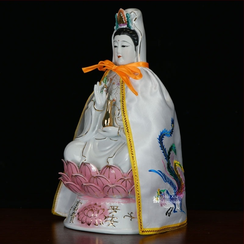 Guanyin és Bodhisattva hímzett kendő, motívumok: kettős sárkány, fénix és lótusz