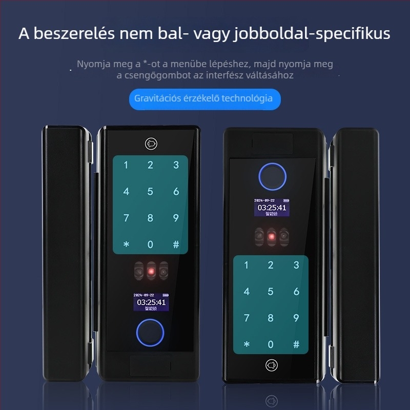 Bejárati zár ujjlenyomat- és arcfelismeréssel, jelszóval és kártyaolvasóval üveg- és faajtókhoz