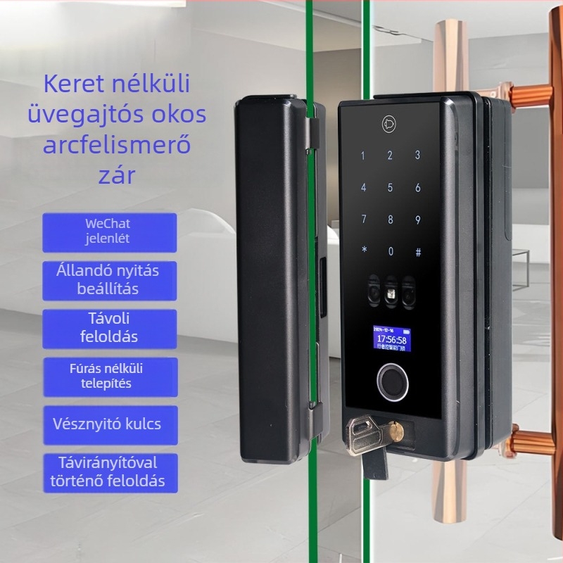 Keret nélküli üvegajtó: okos arcfelismerő zár kulccsal – elektronikus zár egy- vagy kétszárnyú ajtókhoz