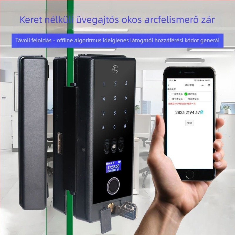 Keret nélküli üvegajtó: okos arcfelismerő zár kulccsal – elektronikus zár egy- vagy kétszárnyú ajtókhoz