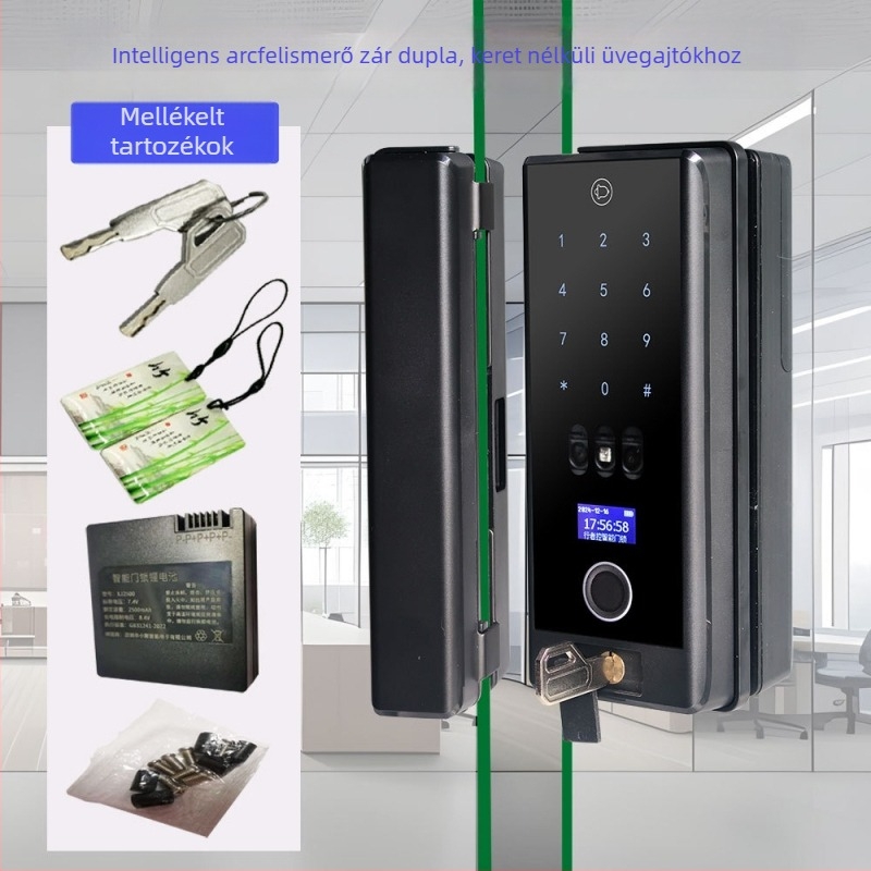 Keret nélküli üvegajtó: okos arcfelismerő zár kulccsal – elektronikus zár egy- vagy kétszárnyú ajtókhoz
