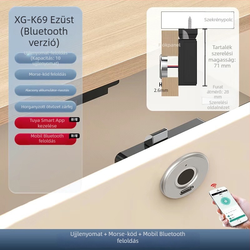 Beépített ujjlenyomat-olvasós szekrényzár rejtett szereléssel, Bluetooth intelligens zár fiókokhoz és szekrényekhez