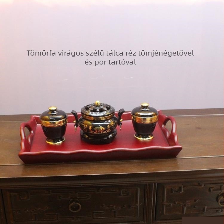 Kézzel készített buddhista tömjénégő készlet selyemsatén anyagból, hímzett templomi motívumokkal, tartalmaz poros tálkát és adománytálat