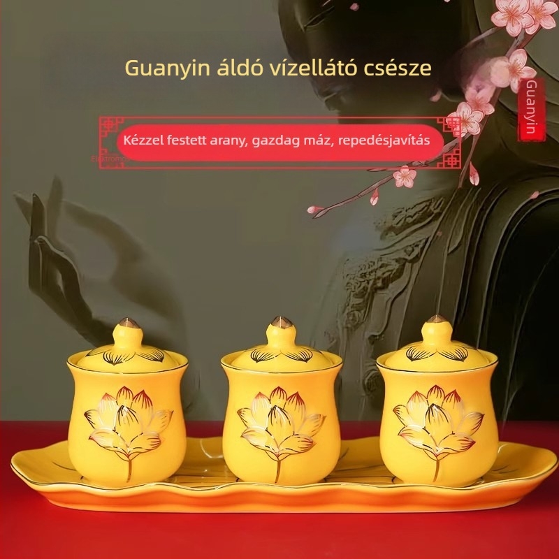 Keramikus három poharas felajánlókészlet Guanyin Bodhisattva tiszteletére, vízfelajánlási poharak Buddha előtt, kis boros poharak