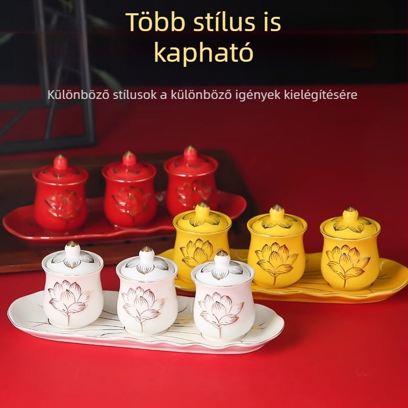 Keramikus három poharas felajánlókészlet Guanyin Bodhisattva tiszteletére, vízfelajánlási poharak Buddha előtt, kis boros poharak
