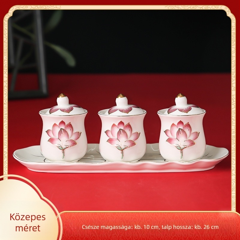 Keramikus három poharas felajánlókészlet Guanyin Bodhisattva tiszteletére, vízfelajánlási poharak Buddha előtt, kis boros poharak