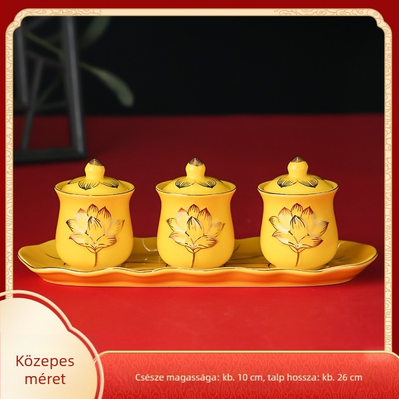 Keramikus három poharas felajánlókészlet Guanyin Bodhisattva tiszteletére, vízfelajánlási poharak Buddha előtt, kis boros poharak