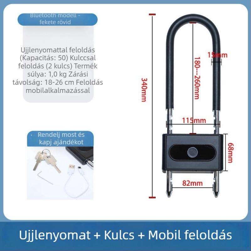 Bluetooth ujjlenyomatú U‑alakú zár üveg kirakat dupla ajtókhoz – elektronikus, intelligens zár