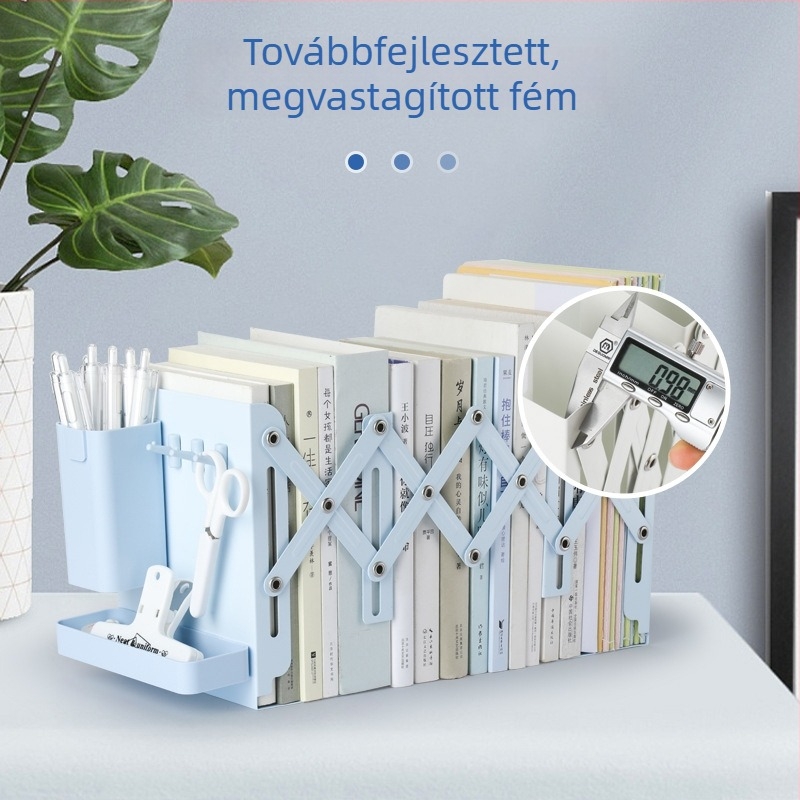 Állítható könyvállvány perforált asztali panellel, fém kivitelben, tolltartóval és kampókkal