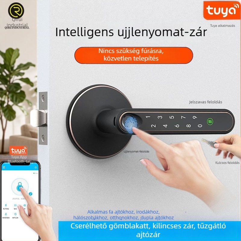 Fa ajtóhoz illeszkedő intelligens kilincs-zár, ujjlenyomat-olvasóval, amerikai szabvány, hálószobához, Tuya