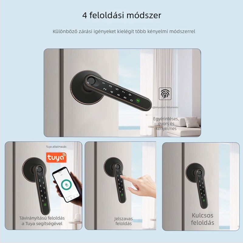 Fa ajtóhoz illeszkedő intelligens kilincs-zár, ujjlenyomat-olvasóval, amerikai szabvány, hálószobához, Tuya