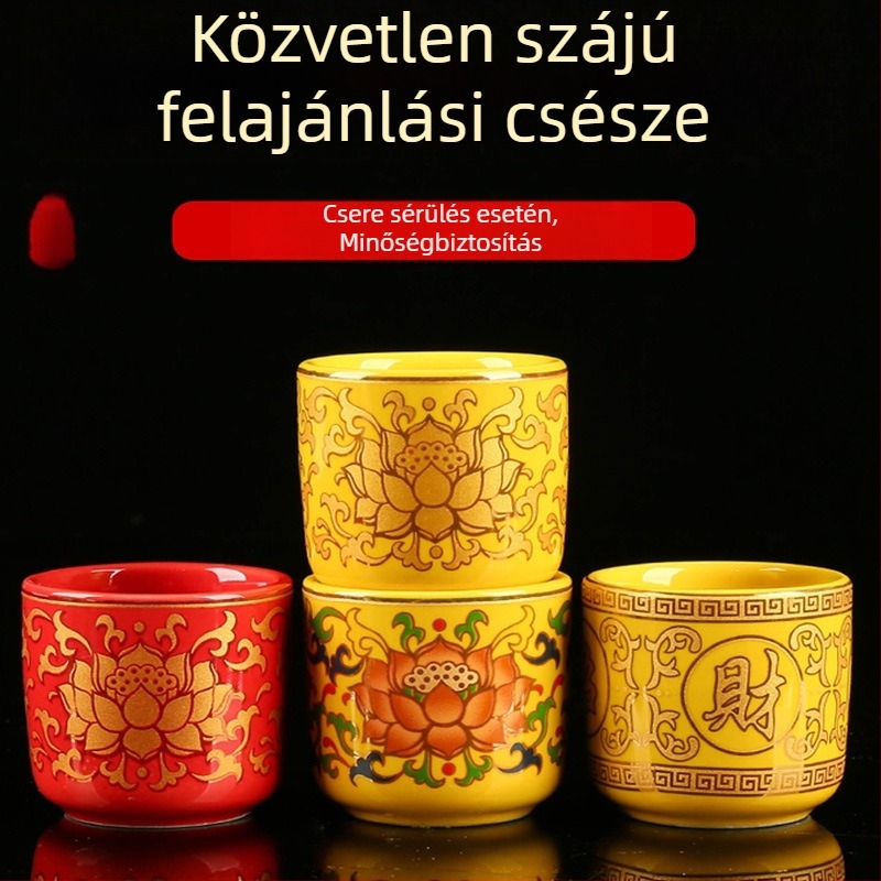 Kerámiából készült Guanyin szentvíz pohár otthoni oltárhoz — lótusz tisztító vízpohár és a Bőség Istene boros pohara