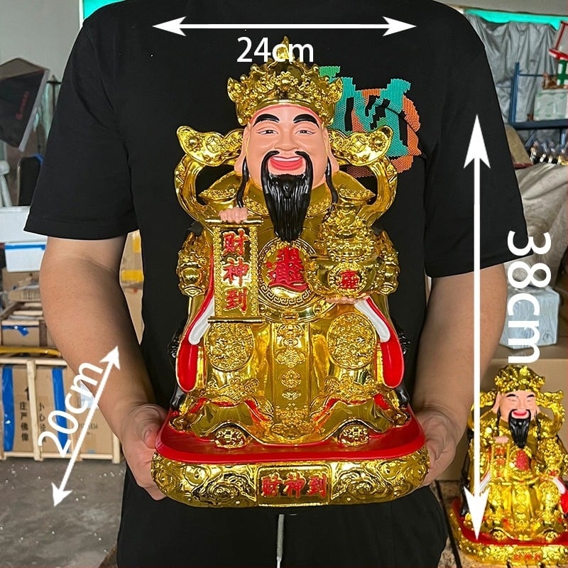 A Gazdagság Istene Buddha-szobra, gyantából készült, arany díszítéssel festett, otthoni dekoráció