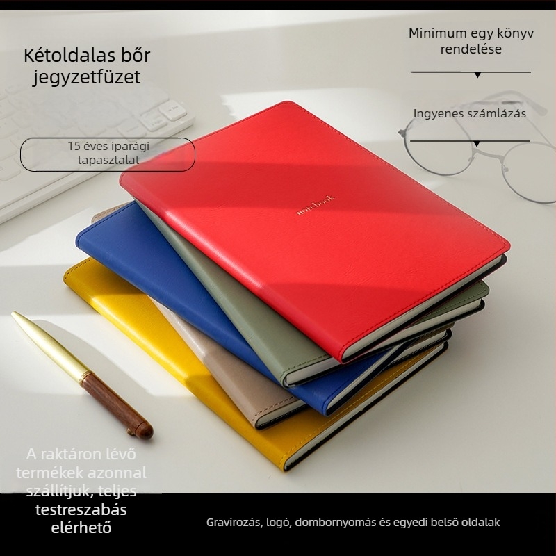 A5-ös méretű puha bőrhatású jegyzetfüzet, dupla oldalas, drótos kötés, 100–200 oldal, minimalistikus, kreatív üzleti jegyzet