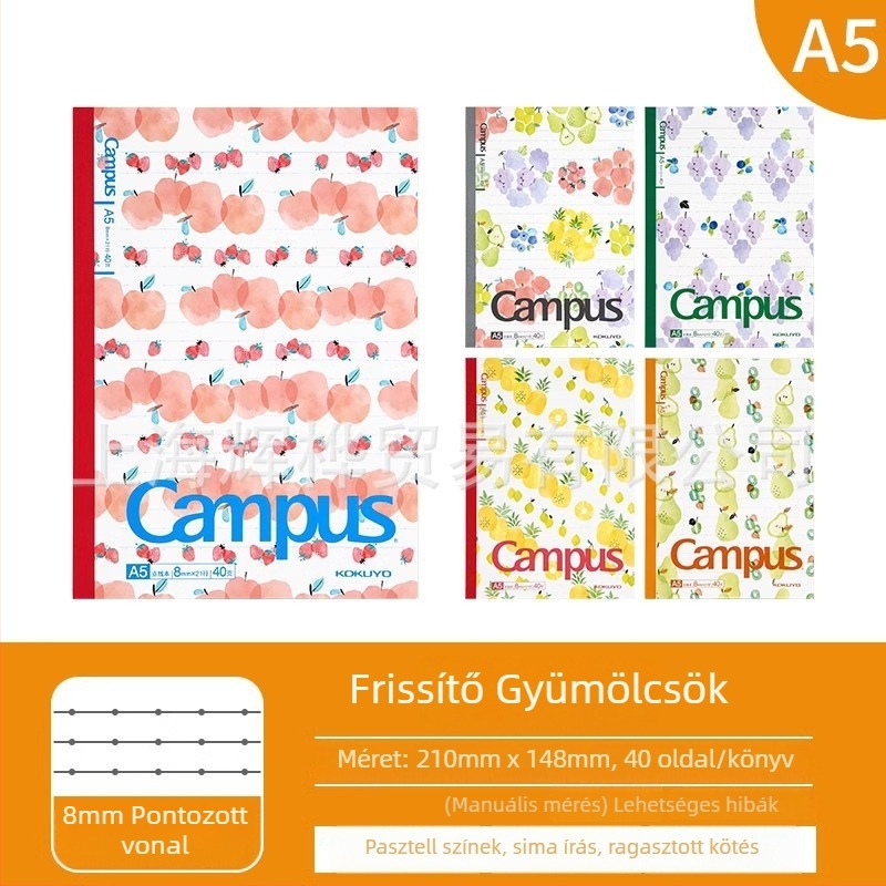Kokuyo Campus gyümölcs témájú jegyzetfüzet, 8 mm pontozott és vonalas hálózattal, A5/B5