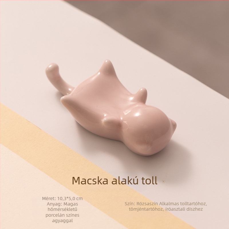 Macska tolltartó és ecsettartó, kerámia asztali dekoráció kaligráfiához