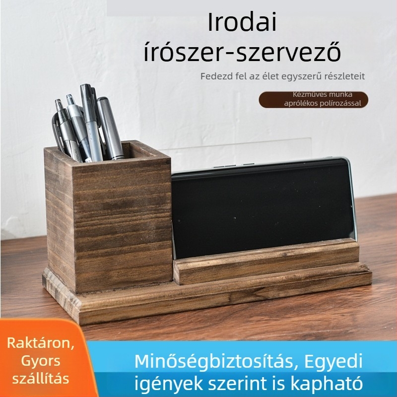 Szilárdfa asztali tolltartó markertárolóval, többfunkciós fényképmegjelenítő állvánnyal és telefon-tartóval