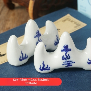Kék-fehér porcelán tolltartó virágos mázas hegycsúcs mintával, kerámia íróasztali tartó