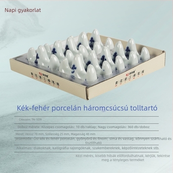 Kék-fehér porcelán tolltartó virágos mázas hegycsúcs mintával, kerámia íróasztali tartó