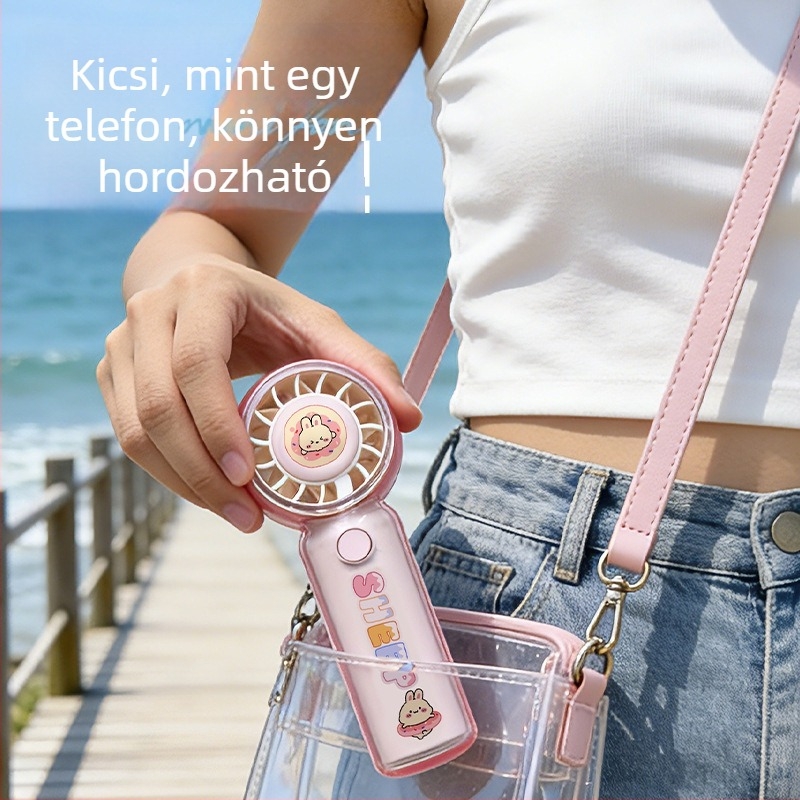 Átlátszó kézi ventilátor aranyos rajzfilms állat mintával, USB töltés, kompakt mini ventilátor diákoknak