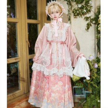 Hanfu készlet: női felső és rózsaszín Mamian szoknya Ming-stílusban
