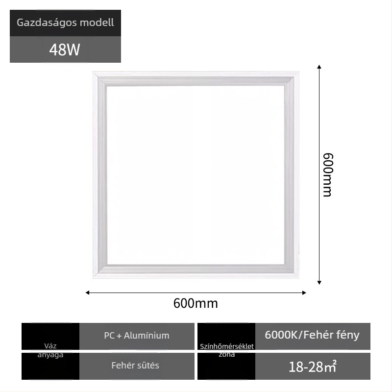 600x600 mm-es mennyezetre szerelhető LED panel lámpa, beépített alumínium panel