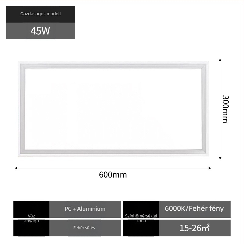600x600 mm-es mennyezetre szerelhető LED panel lámpa, beépített alumínium panel