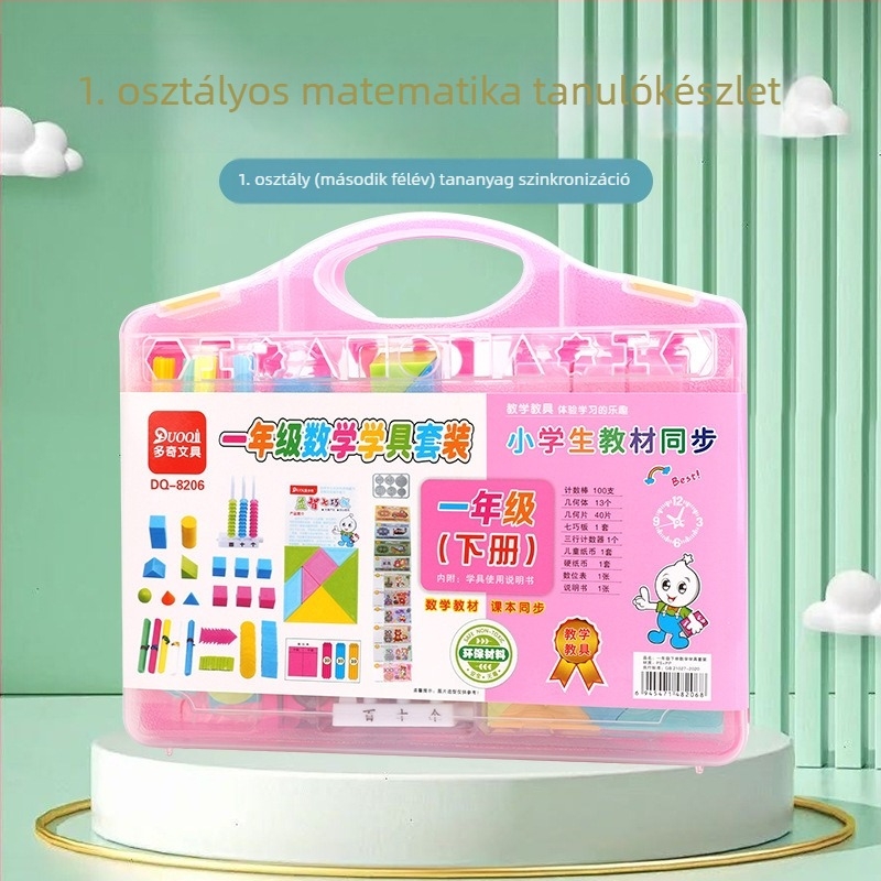Első és második osztályos matematika tanulóeszközök készlet: 3D kockák, Tangram puzzle, számoló abakusz, mágneses puha gumi elemek