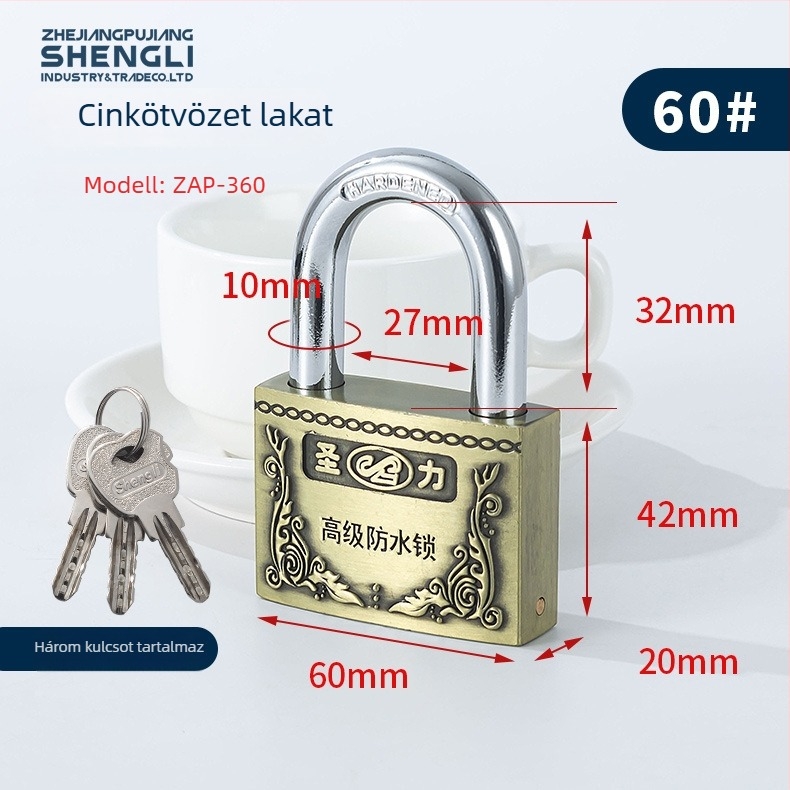 Bronz színű cinkötvözetből készült zár, rézmaggal, félhold alakú kulccsal, vízálló és korrózióálló, kültéri lánccal ellátott zár