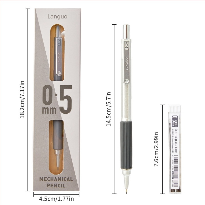 0.5 mm-es fém testű mechanikus ceruza, ergonómikus kialakítással és alacsony súlyponttal, nyomógombos grafit adagolással