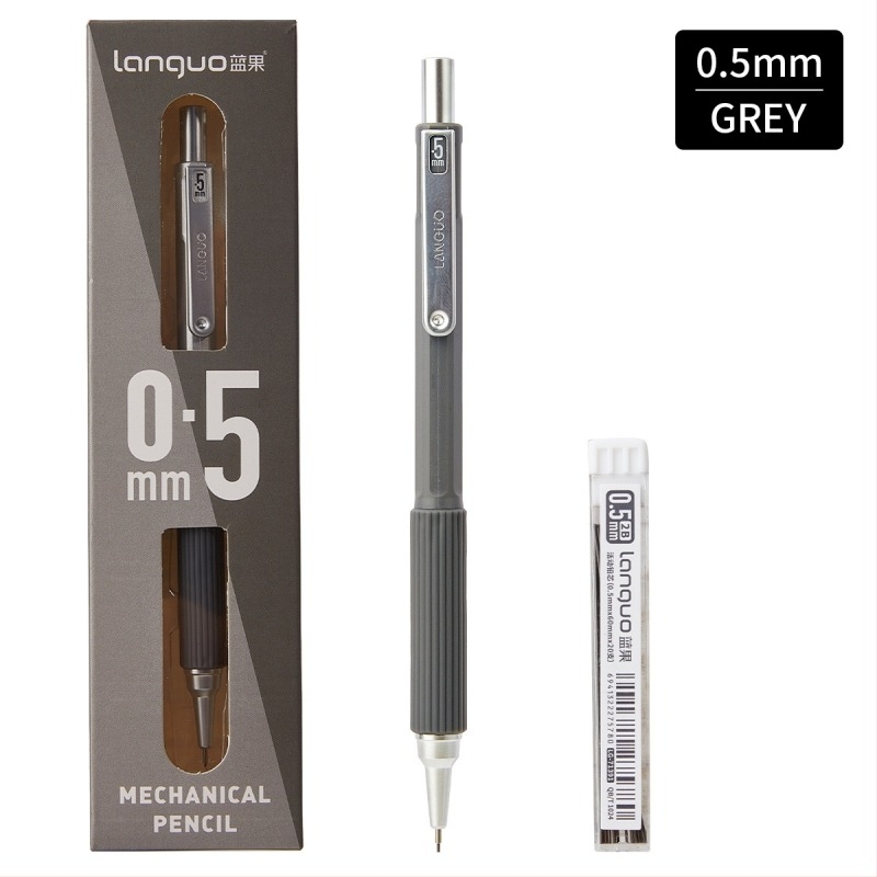0.5 mm-es fém testű mechanikus ceruza, ergonómikus kialakítással és alacsony súlyponttal, nyomógombos grafit adagolással