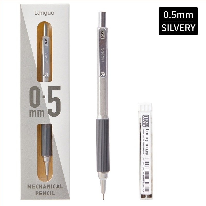 0.5 mm-es fém testű mechanikus ceruza, ergonómikus kialakítással és alacsony súlyponttal, nyomógombos grafit adagolással