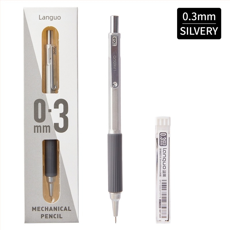 0.5 mm-es fém testű mechanikus ceruza, ergonómikus kialakítással és alacsony súlyponttal, nyomógombos grafit adagolással