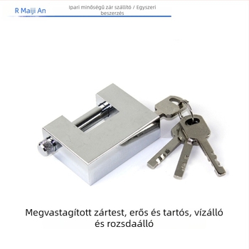 Horizontális, téglalap alakú zár raktárhoz, vágás elleni, betörés elleni és fűrészelés elleni védelemmel; rozsdamentes acél hatású.
