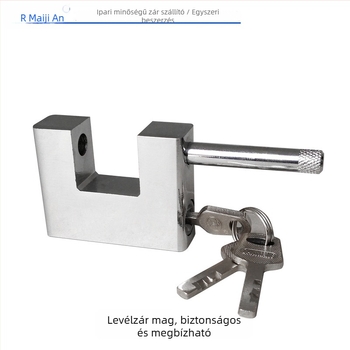 Horizontális, téglalap alakú zár raktárhoz, vágás elleni, betörés elleni és fűrészelés elleni védelemmel; rozsdamentes acél hatású.