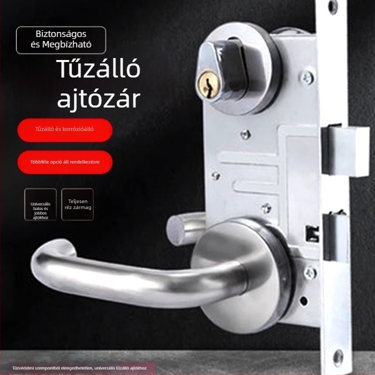 Tűzálló ajtózár készlet rozsdamentes acélból, univerzális típus, teljes készlet kilinccsel, zártesttel és zárhengerrel