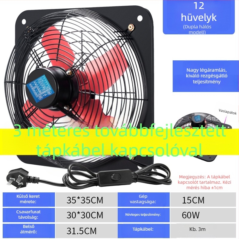 Konyhai szellőztető ventilátor, ablakban szerelhető, 12 hüvelykes, erős és csendes falra szerelhető