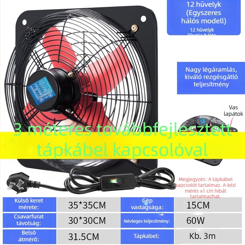 Konyhai szellőztető ventilátor, ablakban szerelhető, 12 hüvelykes, erős és csendes falra szerelhető