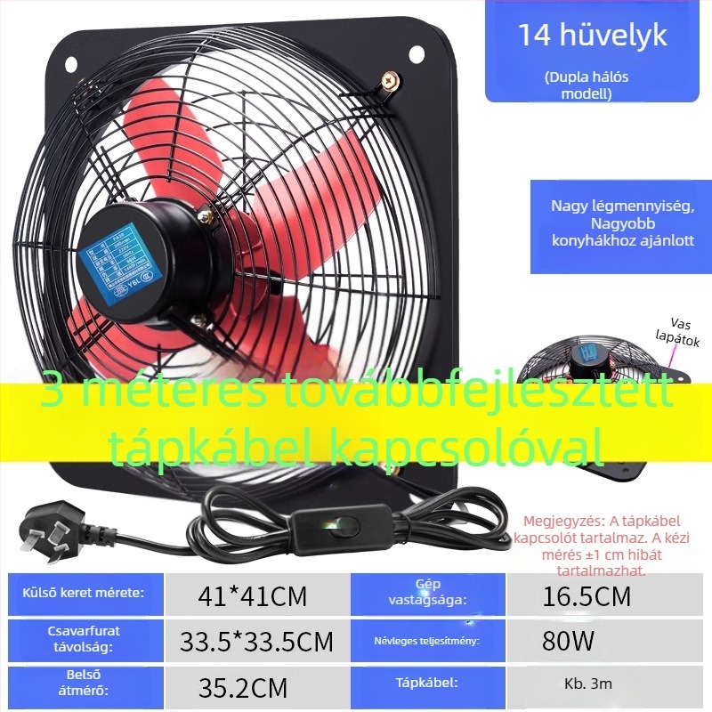 Konyhai szellőztető ventilátor, ablakban szerelhető, 12 hüvelykes, erős és csendes falra szerelhető