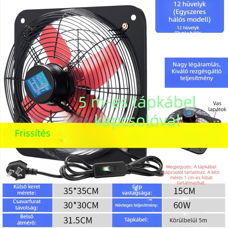 Konyhai szellőztető ventilátor, ablakban szerelhető, 12 hüvelykes, erős és csendes falra szerelhető