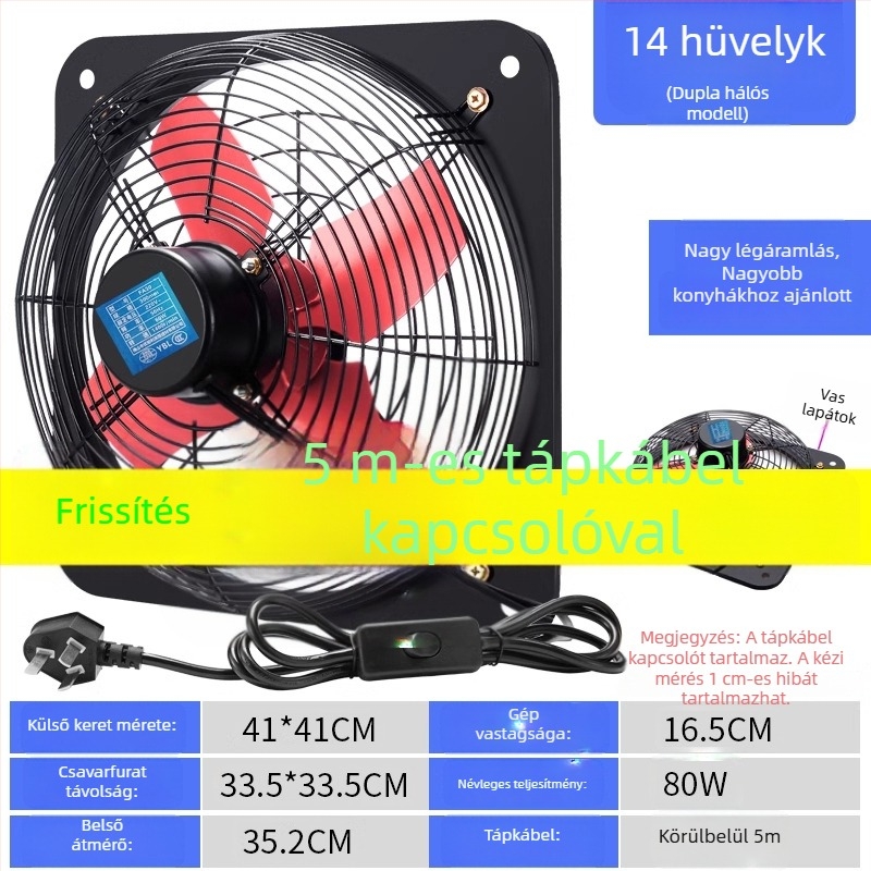 Konyhai szellőztető ventilátor, ablakban szerelhető, 12 hüvelykes, erős és csendes falra szerelhető