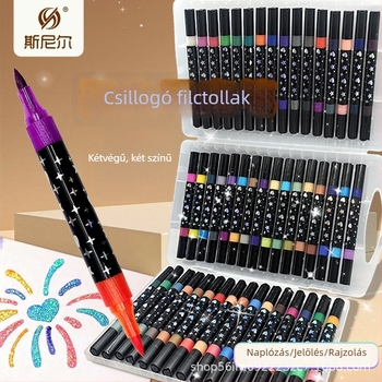 Snier csillogó marker gyöngyház hatású, két végű, két színű, akvarell toll és kiemelő