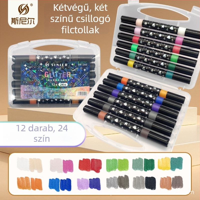 Snier csillogó marker gyöngyház hatású, két végű, két színű, akvarell toll és kiemelő