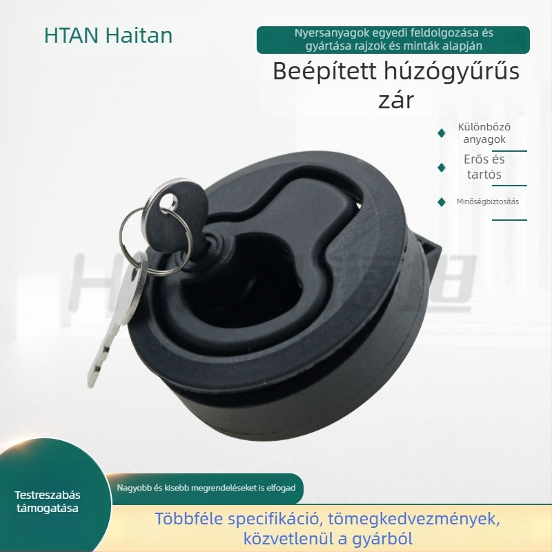 Haitan MS739 szekrényzár, fekete műanyag, beépített, csattos zár és húzógyűrűvel, az ambulanciaajtókhoz, hajó- és raktárajtókhoz