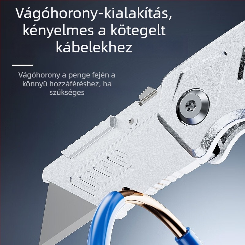 Súlyos kivitelű ötvözetű univerzális kés, összecsukható, tapéta vágó, kábelcsupaszító, papírvágó.
