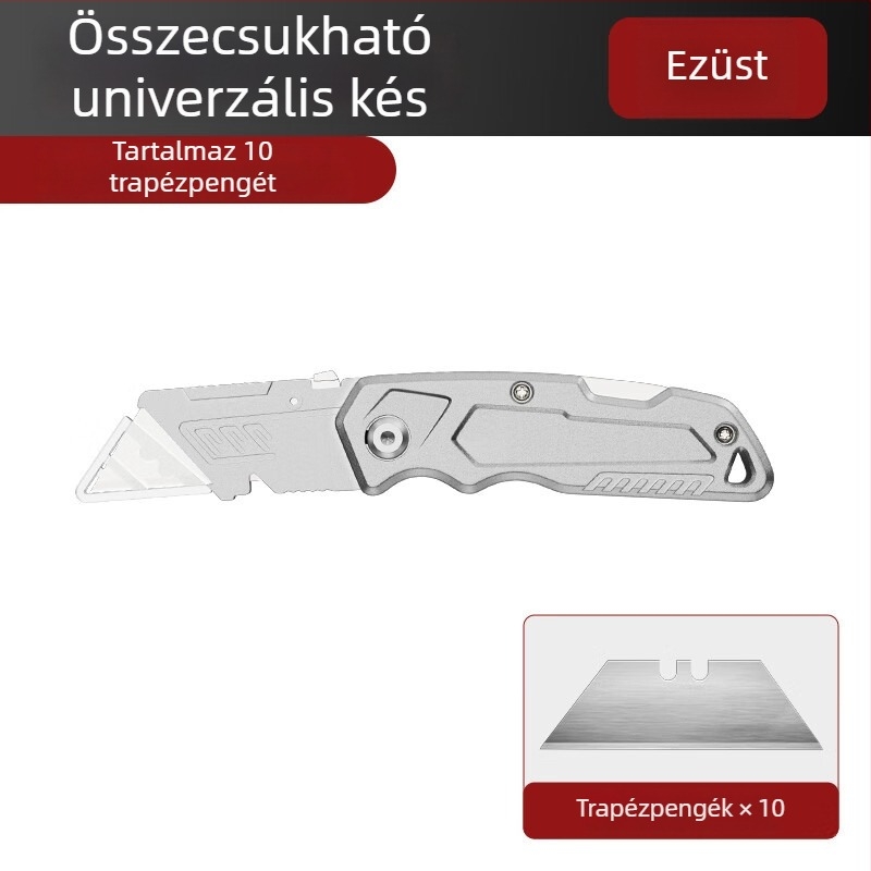 Súlyos kivitelű ötvözetű univerzális kés, összecsukható, tapéta vágó, kábelcsupaszító, papírvágó.