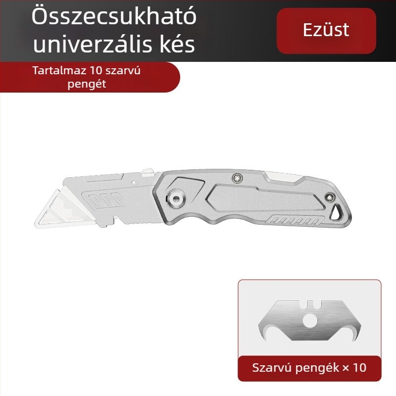 Súlyos kivitelű ötvözetű univerzális kés, összecsukható, tapéta vágó, kábelcsupaszító, papírvágó.