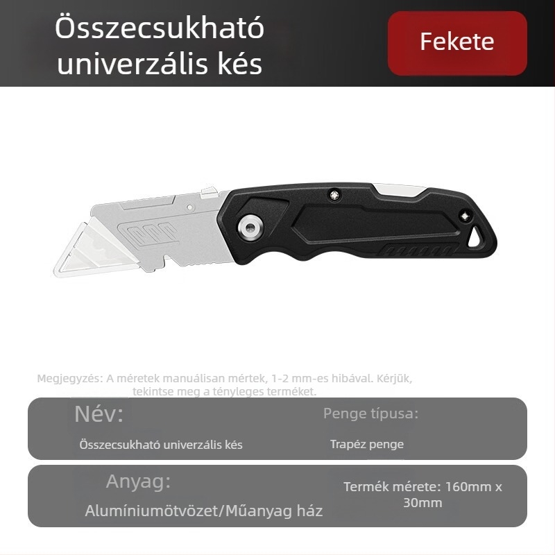 Súlyos kivitelű ötvözetű univerzális kés, összecsukható, tapéta vágó, kábelcsupaszító, papírvágó.